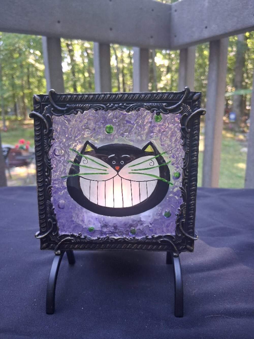 Vintage Stained Glass Black Cat Halloween Votive Holder Folding Metal Frame